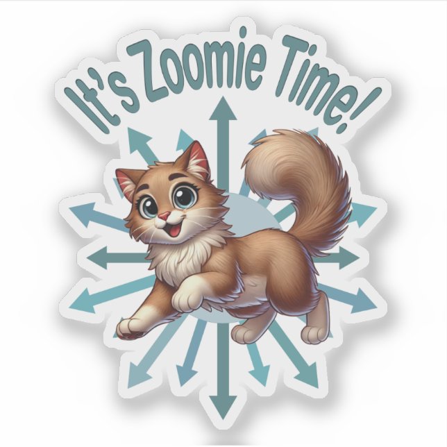 It's Zoomie Time Cute Brown & White Cat Sticker (Front)