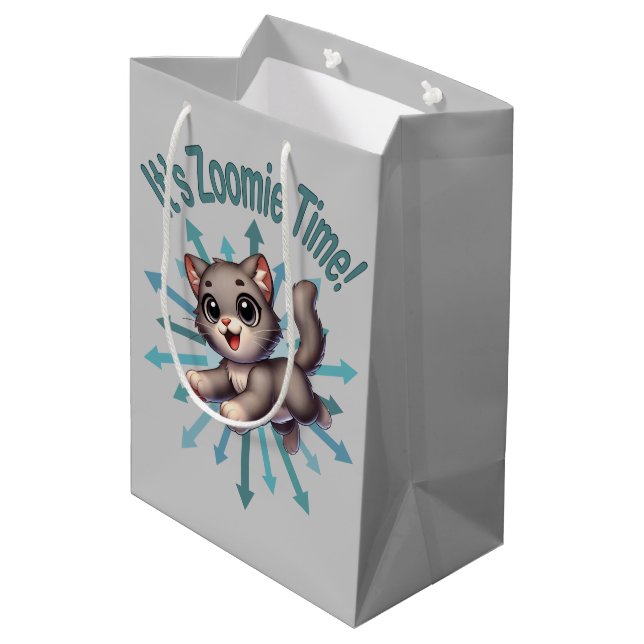 It's Zoomie Time Cute Gray & White Cat Medium Gift Bag (Back Angled)