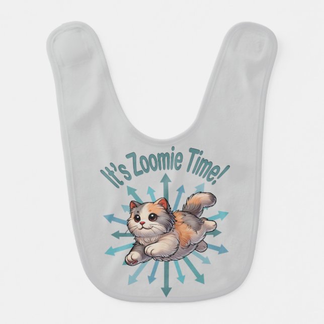It's Zoomie Time Dilute Calico Cat Baby Bib (Front)