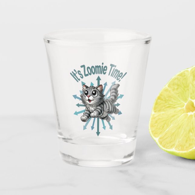 It's Zoomie Time Gray Tabby Cat Shot Glass (Front)
