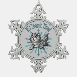 It's Zoomie Time Gray Tabby Cat Snowflake Pewter Christmas Ornament