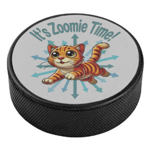 It's Zoomie Time Orange Tabby Cat Hockey Puck