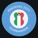 Itslian Angel Hanukkah Flag Personalized  Classic Round Sticker<br><div class="desc">Round sticker shows an angel wearing the flag of Italy on this sticker for holiday or Hanukkah gift decorating. The Italian Flag angel is found inside a white, fractal circle of squiggly squares. The background is a blue fractal of squiggly squares. Add your own text or personalize with a name...</div>