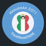 Itslian Angel Hanukkah Flag Personalized  Classic Round Sticker<br><div class="desc">Round sticker shows an angel wearing the flag of Italy on this sticker for holiday or Hanukkah gift decorating. The Italian Flag angel is found inside a white, fractal circle of squiggly squares. The background is a blue fractal of squiggly squares. Add your own text or personalize with a name...</div>