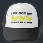 I've Got My Ducks in a Row Rubber Duck Ducky Trucker Hat<br><div class="desc">Features a row of bright yellow rubber duckies. The perfect way to tell everyone that you've got your "ducks in a row!" Created from an original marker illustration. This design is also available on other products. Don't see what you're looking for? Need help with customization? Contact Rebecca to have something...</div>