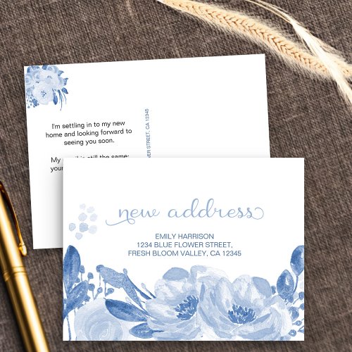 Ive Moved Blue Watercolor Floral New Address Announcement Postcard