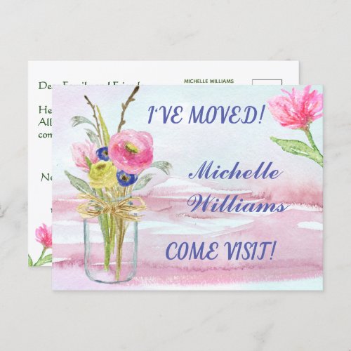 Ive Moved Budget Elegant Pink Rose Floral Moving Announcement Postcard