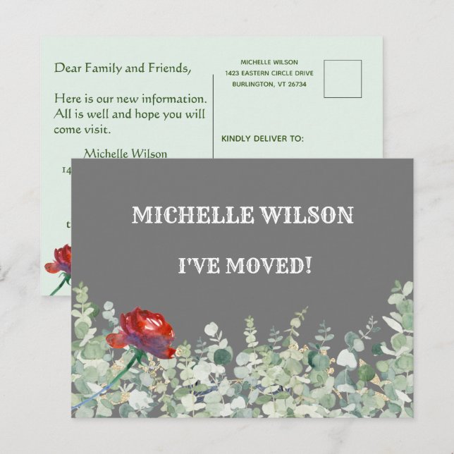 I've Moved Budget Eucalyptus Green Floral Moving Announcement Postcard (Front/Back)
