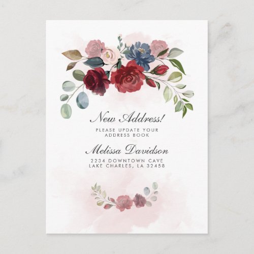 Ive Moved Burgundy Floral Moving Announcement Postcard