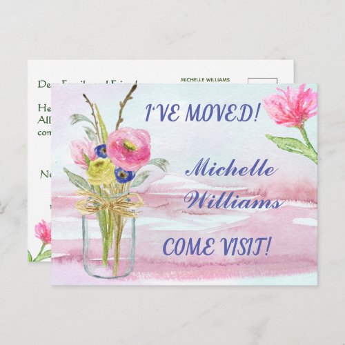Ive Moved Classic Watercolor Floral Move  Announcement Postcard