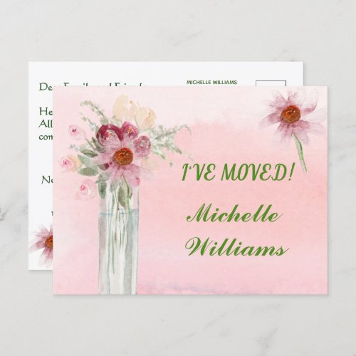 Ive Moved Elegant Pink Floral Budget Moving Announcement Postcard