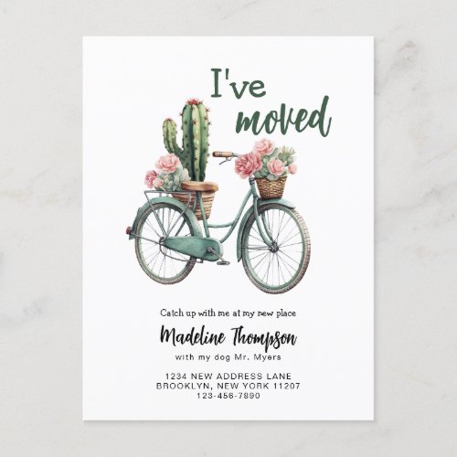 Ive Moved Floral Cactus Bicycle Watercolor Moving Announcement Postcard