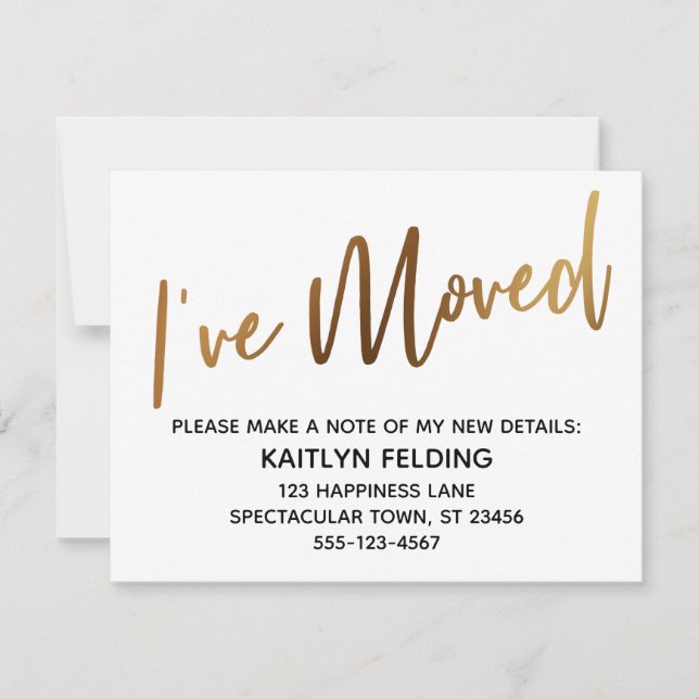 "I've Moved" Modern Handwriting Gold Type Card (Front)