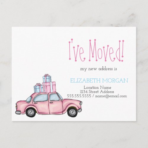 Ive Moved Pink Car Presents New Address Announcement Postcard