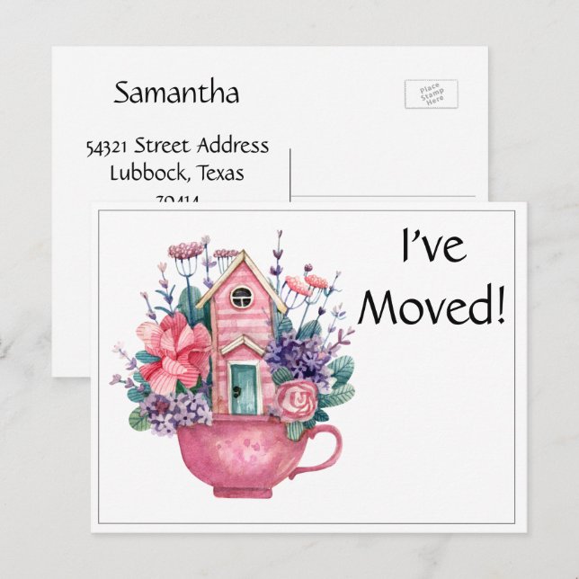 I've Moved Pink Fairytale House in Teacup Postcard (Front/Back)