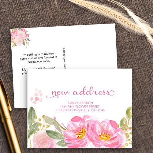 Ive Moved Pink Gold Watercolor Floral New Address Announcement Postcard