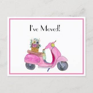 I've Moved! Pink Watercolor Scooter With Flowers Announcement Postcard