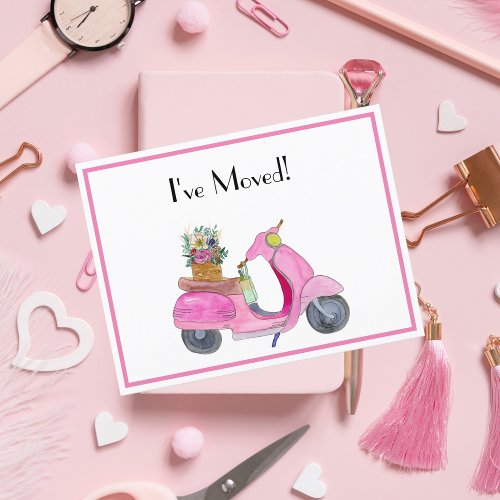 Ive Moved Pink Watercolor Scooter With Flowers Announcement Postcard
