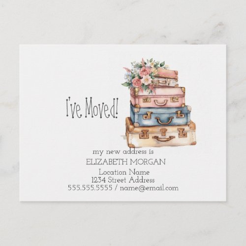 Ive MovedVintage Suitcases Flowers New Address Announcement Postcard