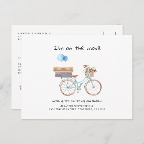 Ive Moved Watercolor Change of Address Blue Bike Announcement Postcard