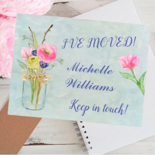 Ive Moved Watercolor Floral Classic Move  Announcement Postcard