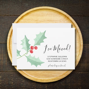 I've Moved Watercolor Holly Announcement Card