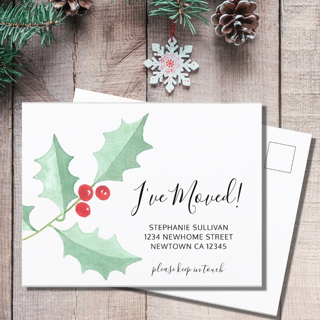 I've Moved Watercolor Holly Announcement Postcard (Creator Uploaded)