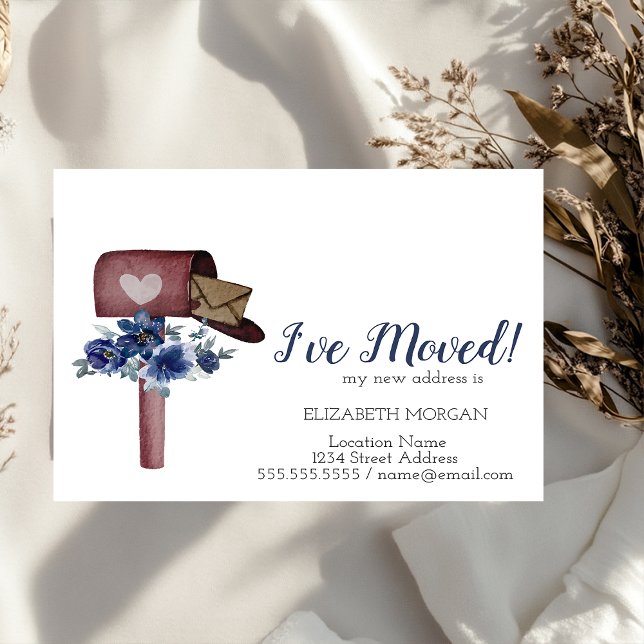 I've Moved,Watercolor Mailbox Blue Flowers Announcement Postcard (Creator Uploaded)
