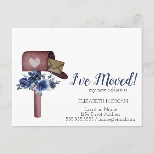 Ive MovedWatercolor Mailbox Blue Flowers Announcement Postcard