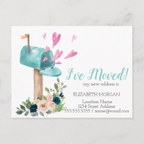 Ive MovedWatercolor Mailbox Flowers Hearts Announcement Postcard