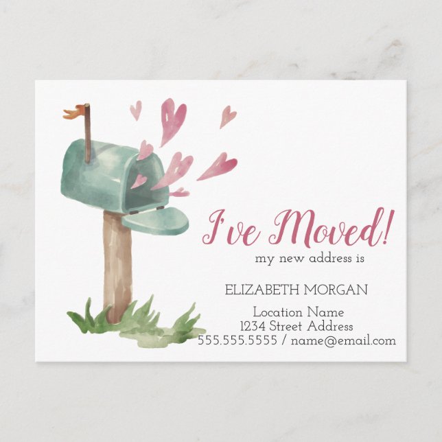 I've Moved,Watercolor Mailbox Hearts  Announcement Postcard (Front)