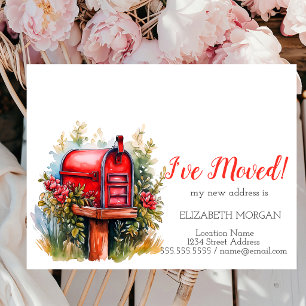 I've Moved,Watercolor Mailbox Red Flowers Announcement Postcard