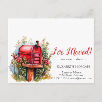 I've Moved Watercolor Mailbox Red Flowers Announcement Postcard by Biglibigli at Zazzle