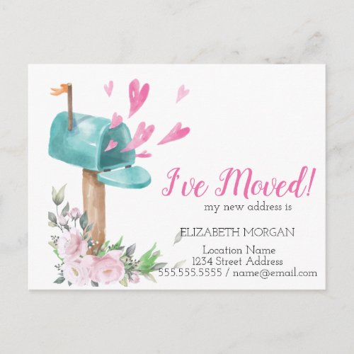 Ive MovedWatercolor Mailbox RosesHearts  Announcement Postcard