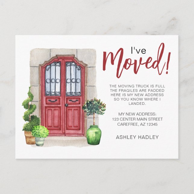 Ive Moved Watercolor Red Door Announcement Postcard (Front)