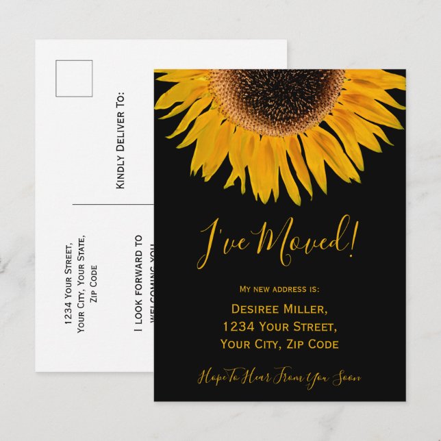 I've Moved Yellow Black Sunflower Announcement (Front/Back)