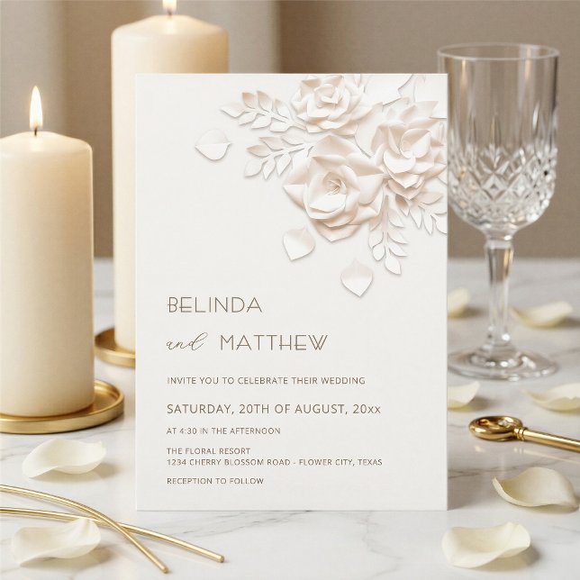 Ivory 3D Flowers Roses Minimalist Wedding  Invitat Invitation (Creator Uploaded)