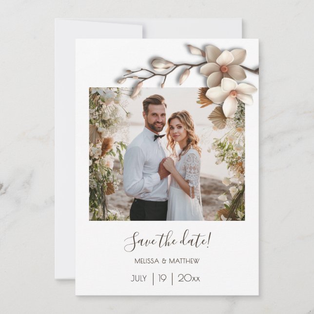 Ivory 3D Magnolia Flower Save The Date (Front)