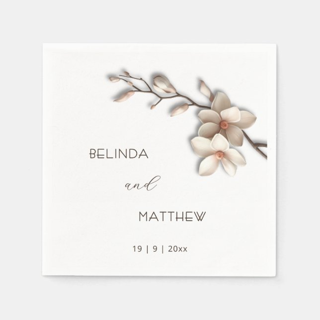 Ivory 3D Magnolia Flowers | Wedding Napkins (Front)