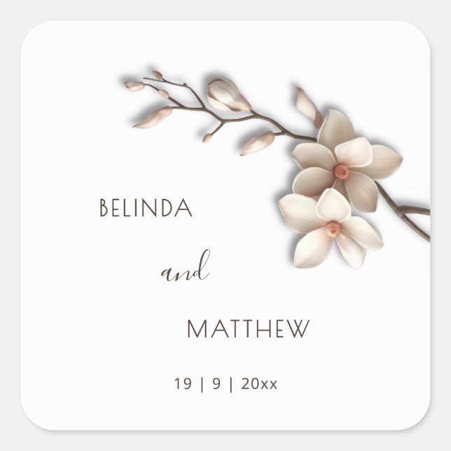 Ivory 3D Magnolia Flowers | Wedding Square Sticker (Front)