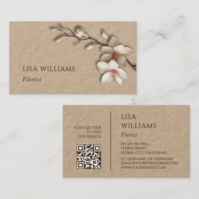 Ivory 3D Magnolia Rustic | QR Code Business Card (Front/Back)