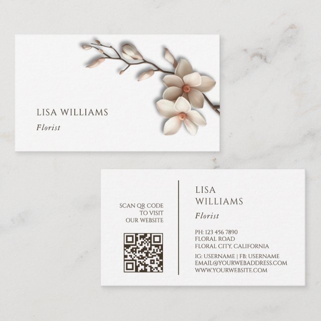 Ivory 3D Magnolia Rustic | QR Code Business Card (Front/Back)
