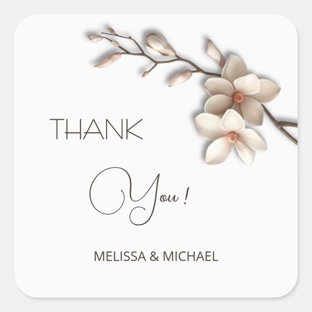 Ivory 3D Mangolia Wedding Thank You Square Sticker (Front)
