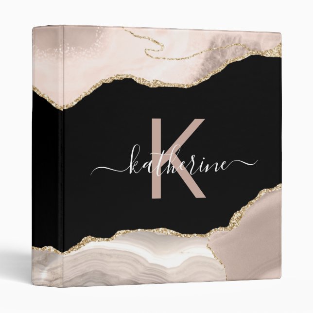 Ivory Agate Beige Gold Monogram Script Wedding 3 Ring Binder (Front/Spine)