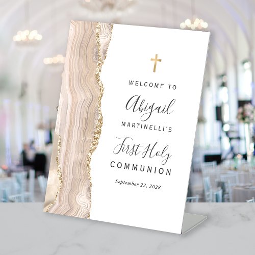 Ivory Agate Gold First Holy Communion Welcome Pedestal Sign