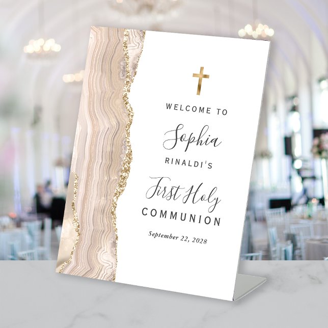 Ivory Agate Gold First Holy Communion Welcome Pedestal Sign (Creator Uploaded)