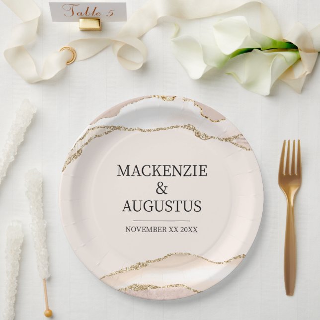 Ivory Agate & Gold Glitter Bride and Groom Wedding Paper Plates (Wedding)