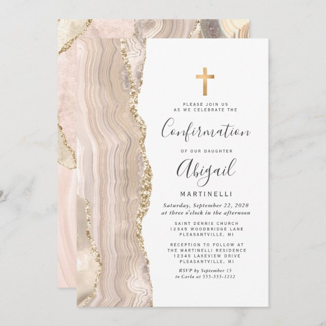  Ivory Agate Gold Glitter Confirmation Invitation (Front/Back)