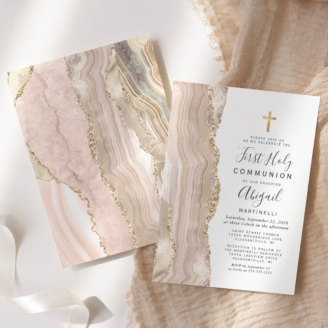  Ivory Agate Gold Glitter First Holy Communion Invitation (Creator Uploaded)