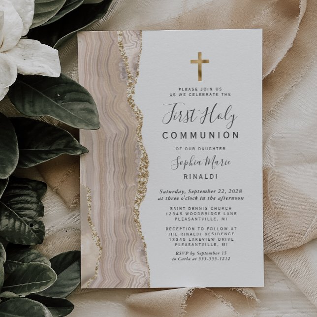 Ivory Agate Gold Glitter First Holy Communion Invitation (Creator Uploaded)